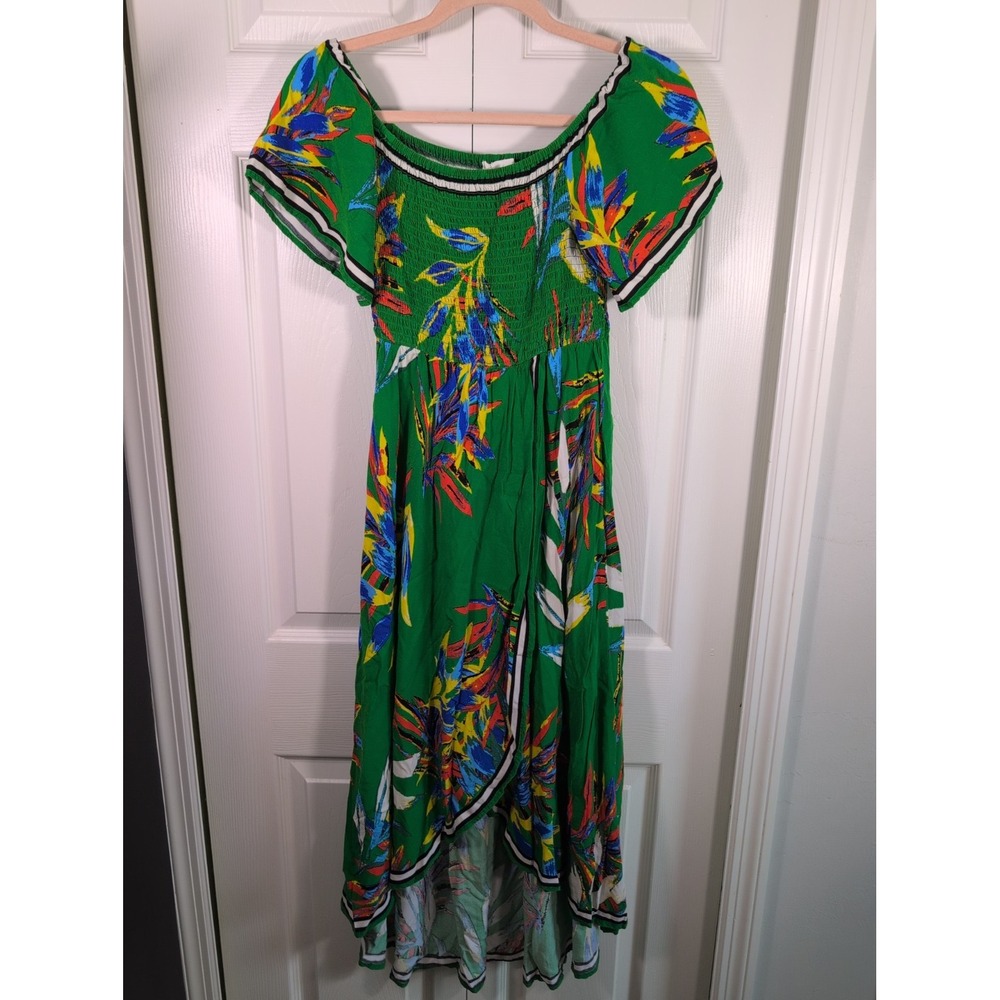 Jealous Tomato Green Tropical Floral Smocked Faux Wrap High Low Midi Dress Small